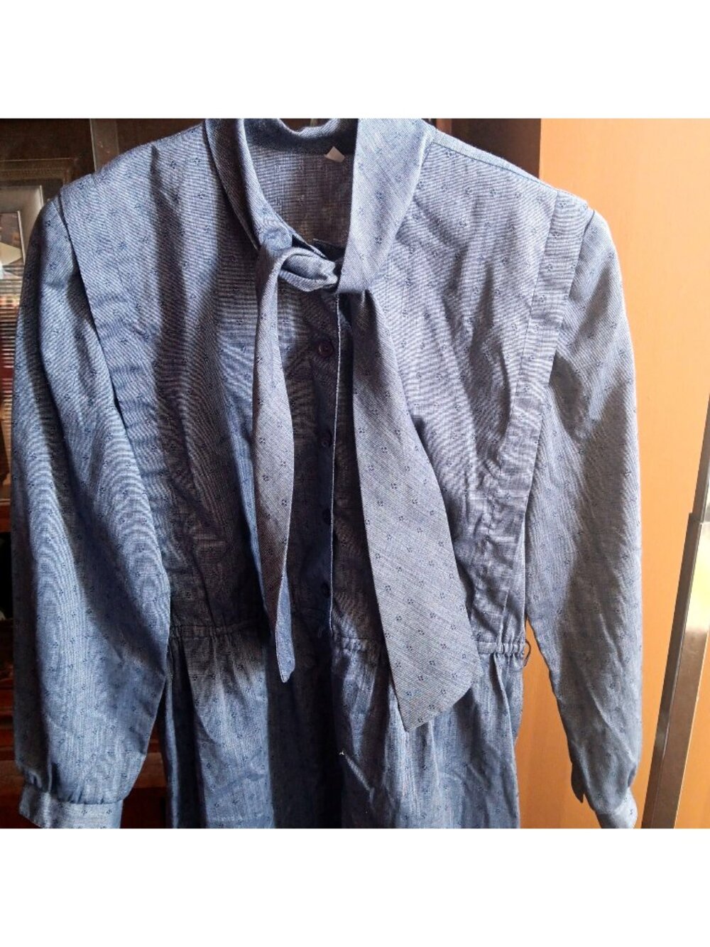 True Vintage Dress Granny Secretary 8 1980's Blue Midi Tie Neck Thin Perm Press